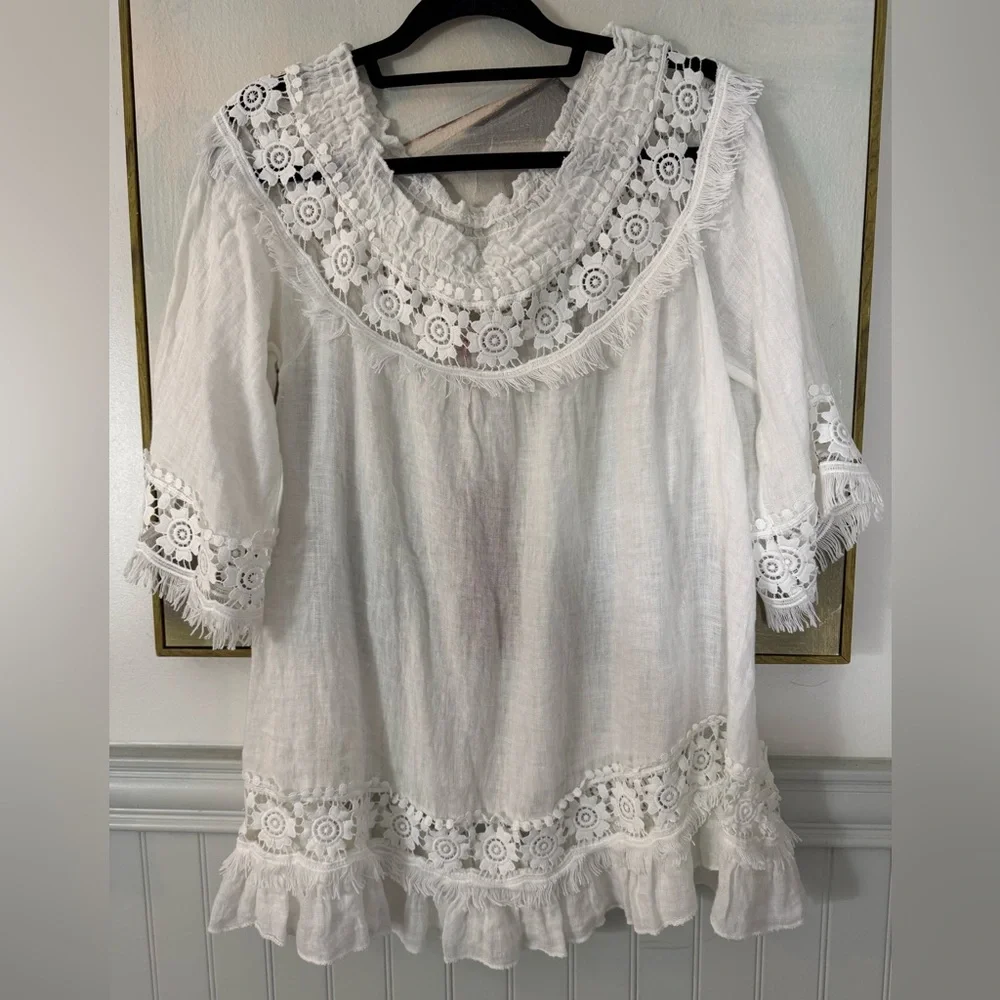 SCANDAL ITALY Blouse Top Linen Embroidered Lace Gauzy Boho Summer White NWT SM - Picture 1 of 6